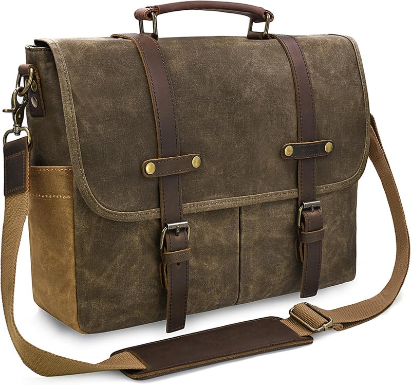 NEWHEY Mens Messenger Bag 15.6 Inch Waterproof Vintage Genuine Leather Waxed Canvas Briefcase Large Leather Computer Laptop Bag Rugged Satchel Shoulder Bag, Coffee - Image 1